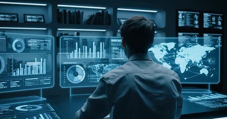 A man using futuristic technology. The concept of futuristic business, the integration of advanced digital tools in education, and learning experiences for the future generation. Generative AI. - Powered by Adobe