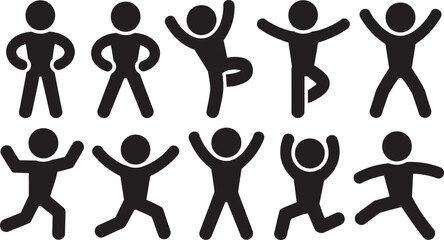 Human Poses Silhouette Icon Set – Vector Stick Figures in Various Standing, Walking, and Dancing Positions