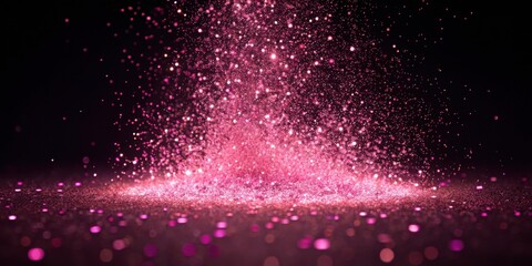 A vibrant display of pink glitter falling against a dark background creating bokeh effect