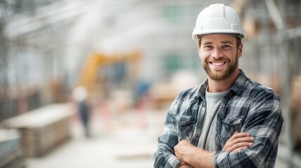 Smiling man with long-sleeved inserts and white hard hat standing on a construction site