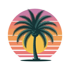 Palm tree silhouette on tropical beach with blue background