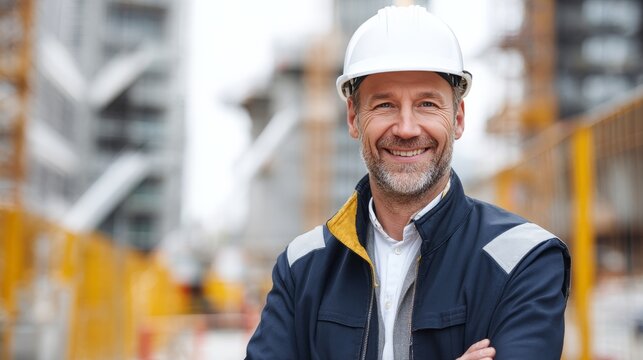 Smiling man with long-sleeved inserts and white hard hat standing on a construction site