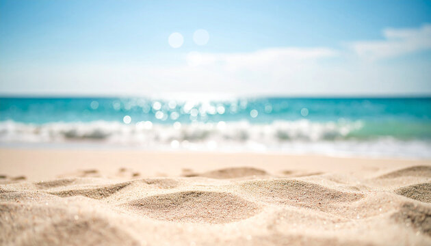 blurred sand beach background with sunshine bokeh, blue sky and turquoise water