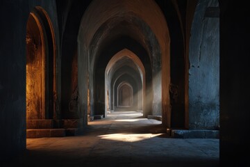 Fototapeta premium Archway Corridor of arches in stone, perspective view with light and shadows, tunnel like