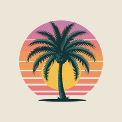 Palm tree silhouette on tropical beach with blue sky background