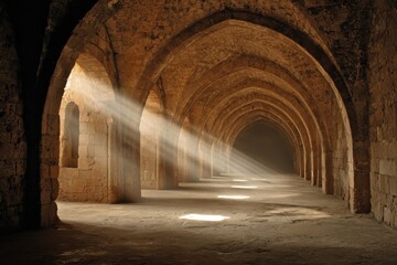 Arched stone hallway with sunlight streaming in from the side. Light, stone, and mystery