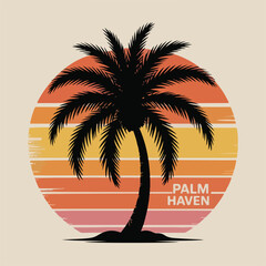 Tropical palm tree silhouette on beach at sunset with ocean and sky background