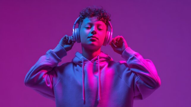Stylish fashion teenager model wearing hoodie and headphones listening dj music dancing in purple neon lights