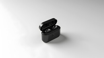 Sleek Audio Oasis: A minimalistic composition, the image shows a pristine black charging case, its lid open, displaying a set of wireless earbuds, symbolizing modern audio freedom.