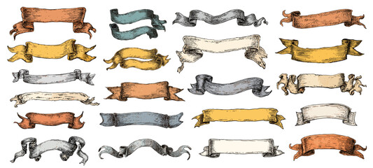 Vintage ribbon banners set. Engraved hand drawn antique scroll frame flag vector tags