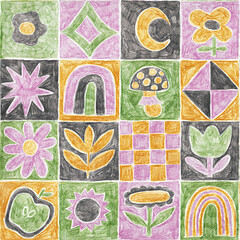 Seamless pattern with folk art motifs. Colored pencil design with flowers, fruit, rainbows, and geometric shapes. Soft texture and playful style.