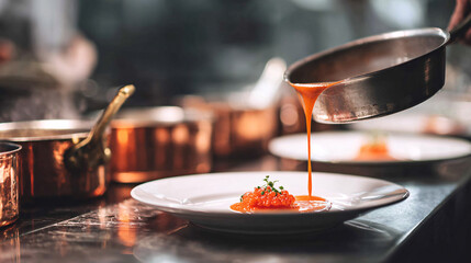 Tomato Bisque with Salmon Roe and Sauce Pouring in Fine Dining Kitchen