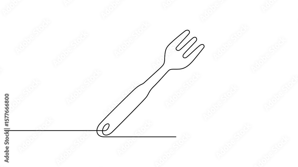 Poster self drawing animation of one continuous line plate, knife and fork. 4k video animation. animation o