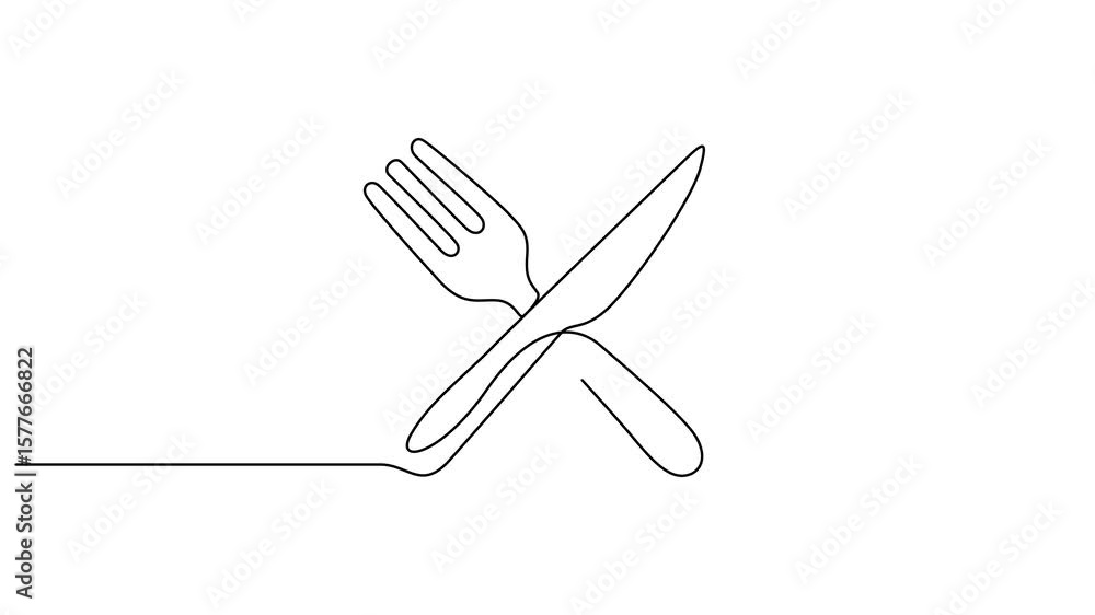Poster self drawing animation of one continuous line plate, knife and fork. 4k video animation. animation o