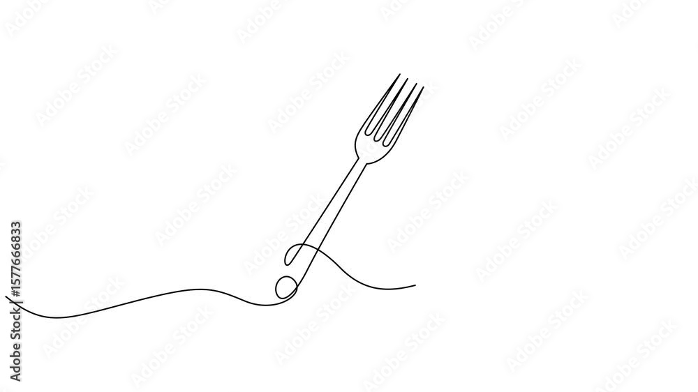 Poster self drawing animation of one continuous line plate, knife and fork. 4k video animation. animation o