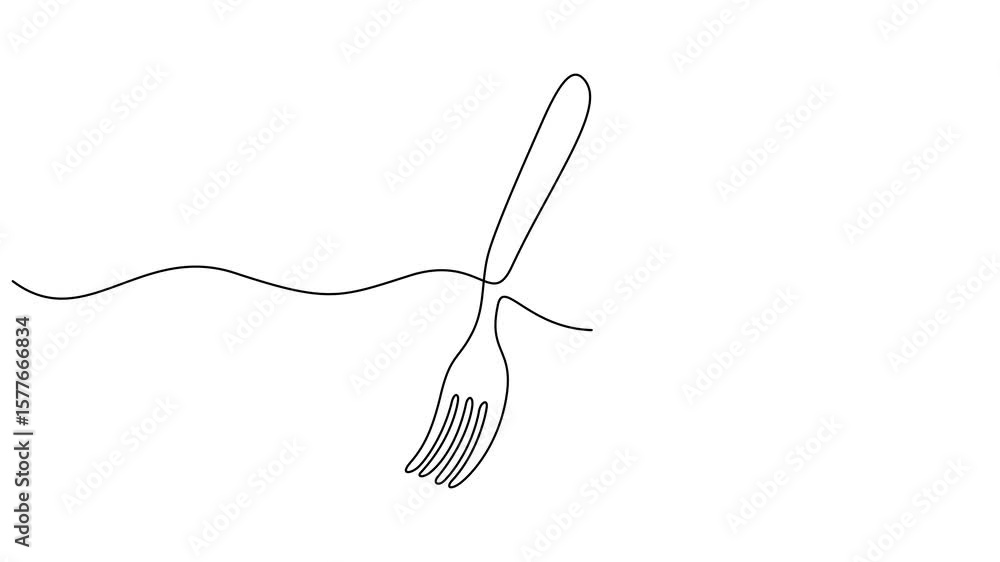 Poster self drawing animation of one continuous line plate, knife and fork. 4k video animation. animation o