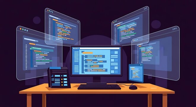 Coding Workspace with Multiple Screens Displaying Computer Code