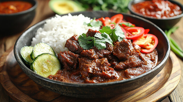 Indonesian Rendang Beef Curry with Rice and Sambal