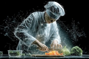In a modern kitchen, a skilled chef is carefully slicing a fresh carrot on a wooden cutting board. The chef's hands demonstrate precision and expertise in food preparation.