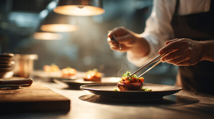 Chef Plating a Gourmet Dish in Professional Kitchen