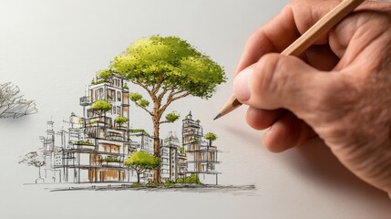 Urban planner sketching sustainable green city with eco friendly architecture and tree 