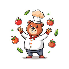 Funny chef bear juggling fresh vegetables mid-chop, cartoon kitchen cooking vector illustration, playful animal chef, culinary humor, cooking art for food and kitchen designs