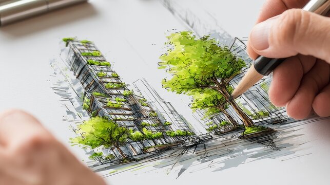 Urban planner sketching sustainable green city with eco friendly architecture and tree 