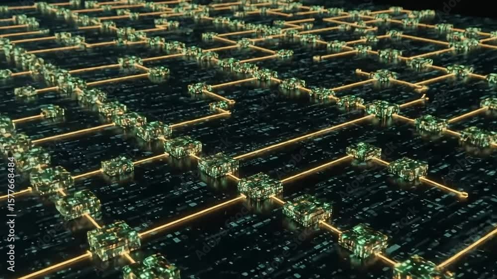 Poster advanced technology circuit board animation with glowing cubes and electronic pathways