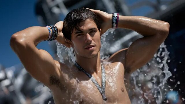 Competitor cools off by pouring water over their head before launch, illustrating pre-event preparation, stress relief, focus, anticipation and high-energy competition