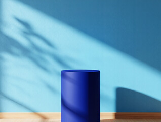 Blue cylinder on wooden floor with shadows pedestal