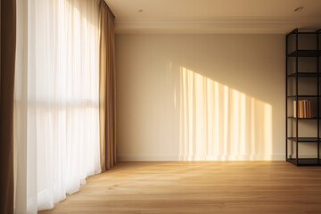 Obraz premium empty room with light wooden floor and sheer curtains illuminated by warm sunlight