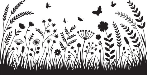 Wild Meadow Flower Silhouettes with Butterflies and Bees – Vector Nature Illustration