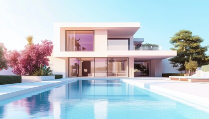 Fototapeta premium Contemporary Home Exterior With Pool Design Visualization Showcasing Modern Architecture And An Outdoor Swimming Pool.