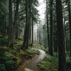 Obraz premium Winding footpath through a green forest, bathed in summer sunlight