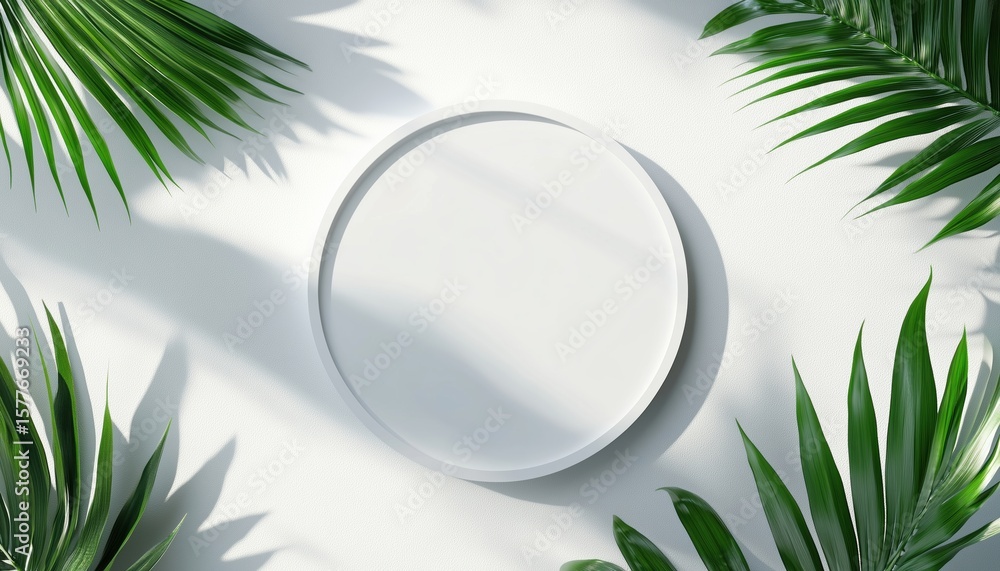 Poster Create A White Blank Cylinder Frame Top View Mockup Display With Palm Leaves Shadows For Summer Product Showcase. Unique Concept.