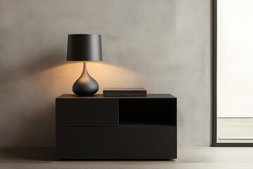 Sleek matte black modern nightstand with a minimalist lamp and a small decorative vase, simple and elegant storage --