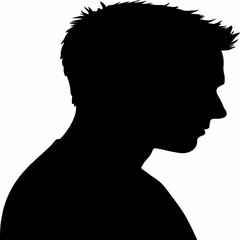 Black-and-white silhouette of a person's head and shoulders in profile view, facing right isolated...