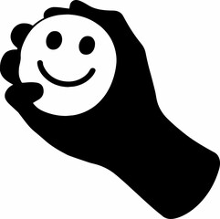 Black-and-white silhouette of a hand holding a round smiley-faced object, featuring bold eyes and a...