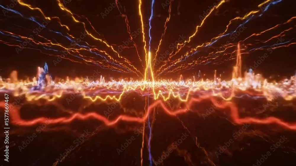 Poster energetic abstract background with light trails in a dark virtual space landscape