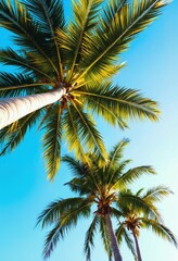 Tropical coconut palm tree canopy from a low angle view in summer.