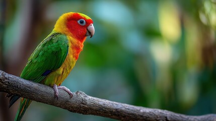 Colorful Parrot Perched on Tropical Branch in Lush Jungle With Blurred Background for Text Placement