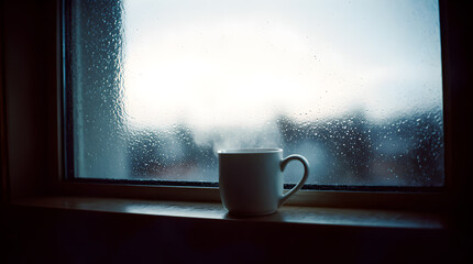 Cozy Rainy Day A Warm Mug on a Windowsill, Watching the Storm