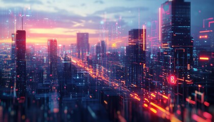 Obraz premium Night Cityscape With Technology Graphic Captured In Double Exposure Using Mixed Media Techniques, Blending Urban Landscapes With Digital Elements.