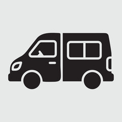 Simple black icon of a modern van with windows and wheels on a light gray background