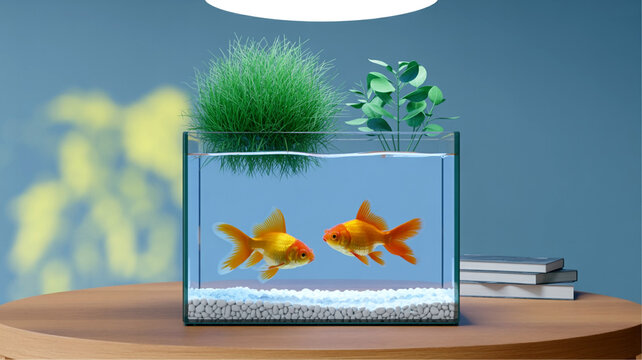 A small rectangular glass aquarium on a wooden surface, containing two bright orange goldfish swimming in clear water.