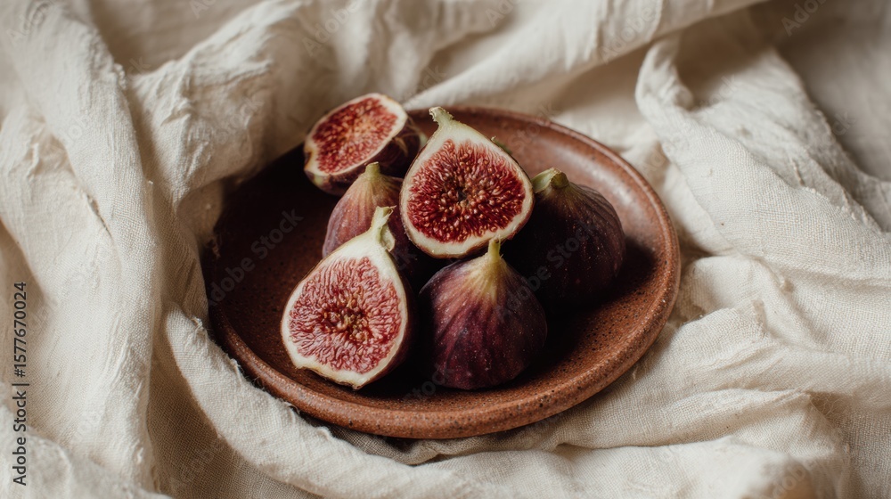 Poster clay plate of fresh figs arranged on a linen cloth with space for text overlay in a rustic kitchen s