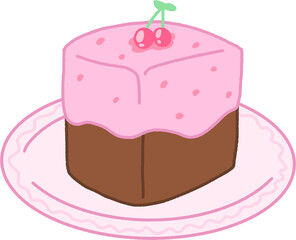 Cute Chocolate Cake Clipart – Brown & Pink Layer Dessert Illustration with Cherry Topping PNG