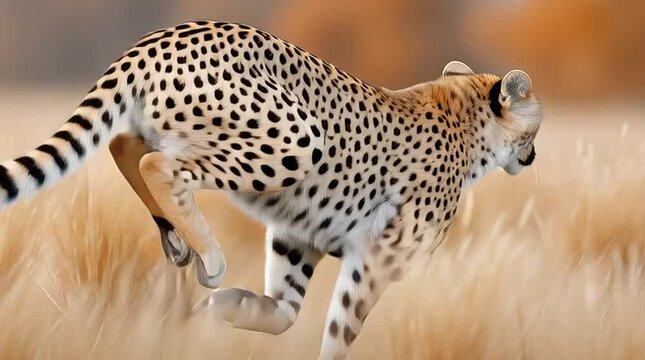 Wild animal running fast through dry grass, wild animal sprint with cheetah energy, wild animal chase scene in golden landscape