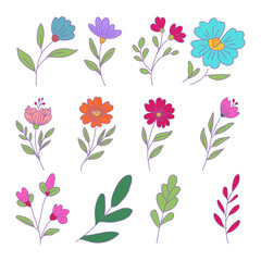 Hand drawn floral clip art set with colorful summer flowers and leaves in pastel tones, ideal for digital scrapbooking, stickers, invitations, and craft designs.