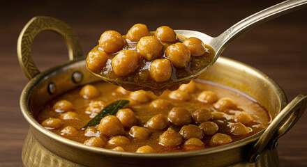 Chickpea curry in brass pot with spoonful of spicy, rich, and flavorful sauce, showcasing traditional Indian dish with vibrant colors and hearty texture